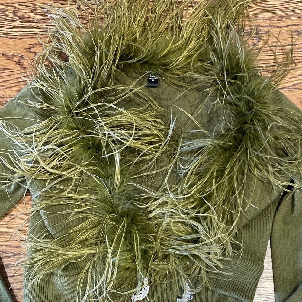 Vintage Betsy Johnson Cardigan with Marabou Feathers and a Rhinestone Snap - Picture 2 of 8